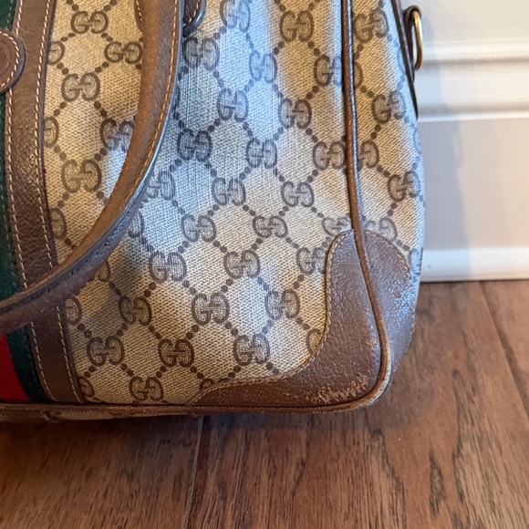 Vintage Gucci Boston Bag Beige and Brown Canvas Handbag with Green-Red Stripe - Picture 2 of 11